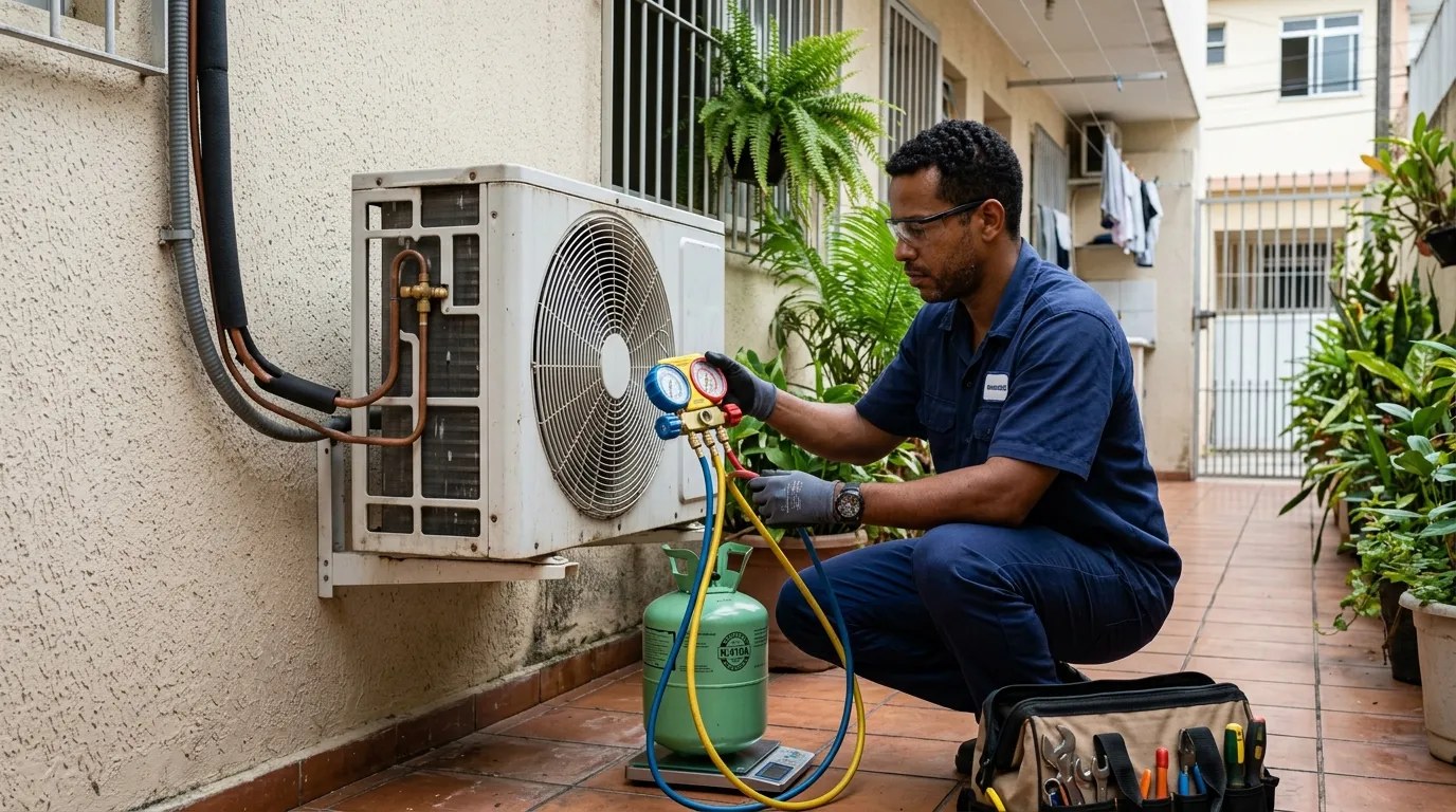 Técnico fazendo carga de gás na condensadora do ar-condicionado em Jundiaí‑SP