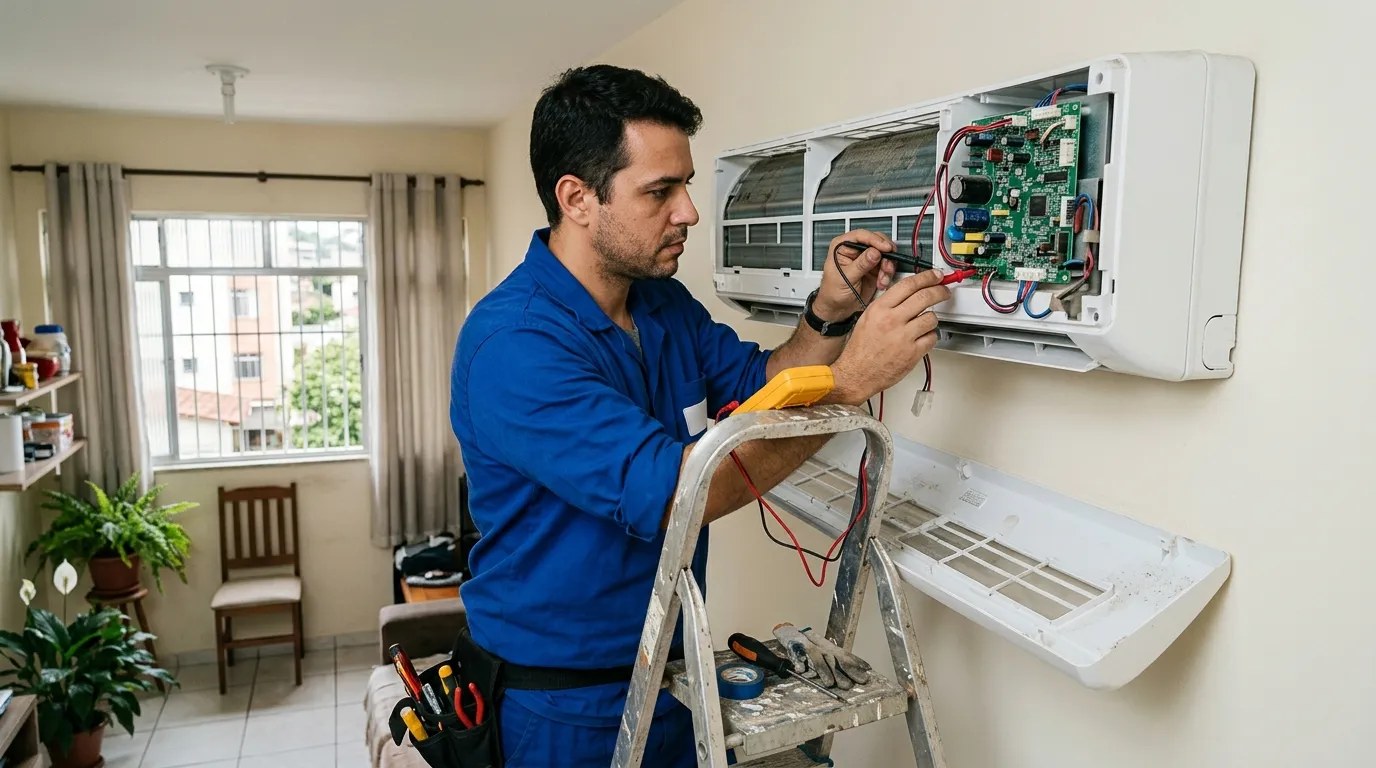 Técnico trocando a placa eletrônica de ar-condicionado split em Jundiaí‑SP