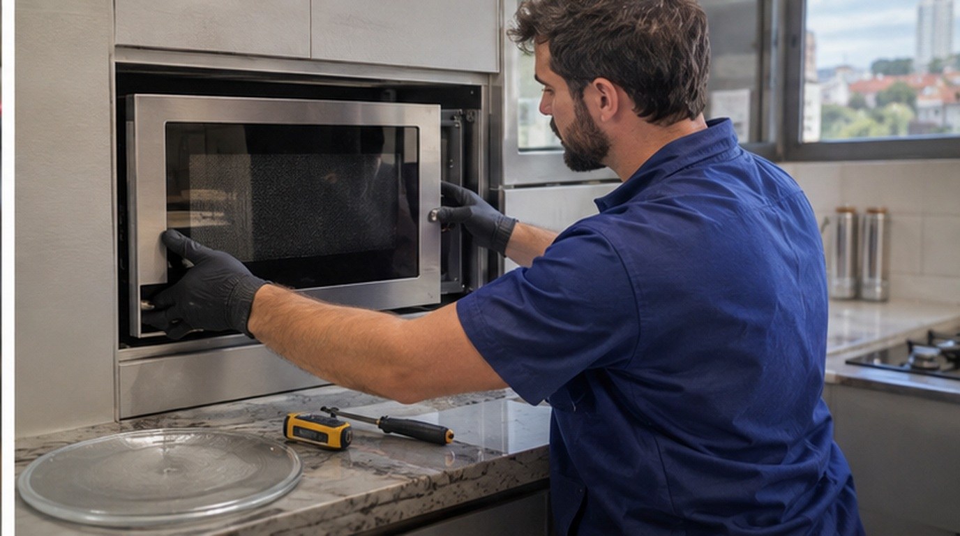 Conserto de micro-ondas de embutir em Jundiaí‑SP: técnico encaixando o aparelho no armário