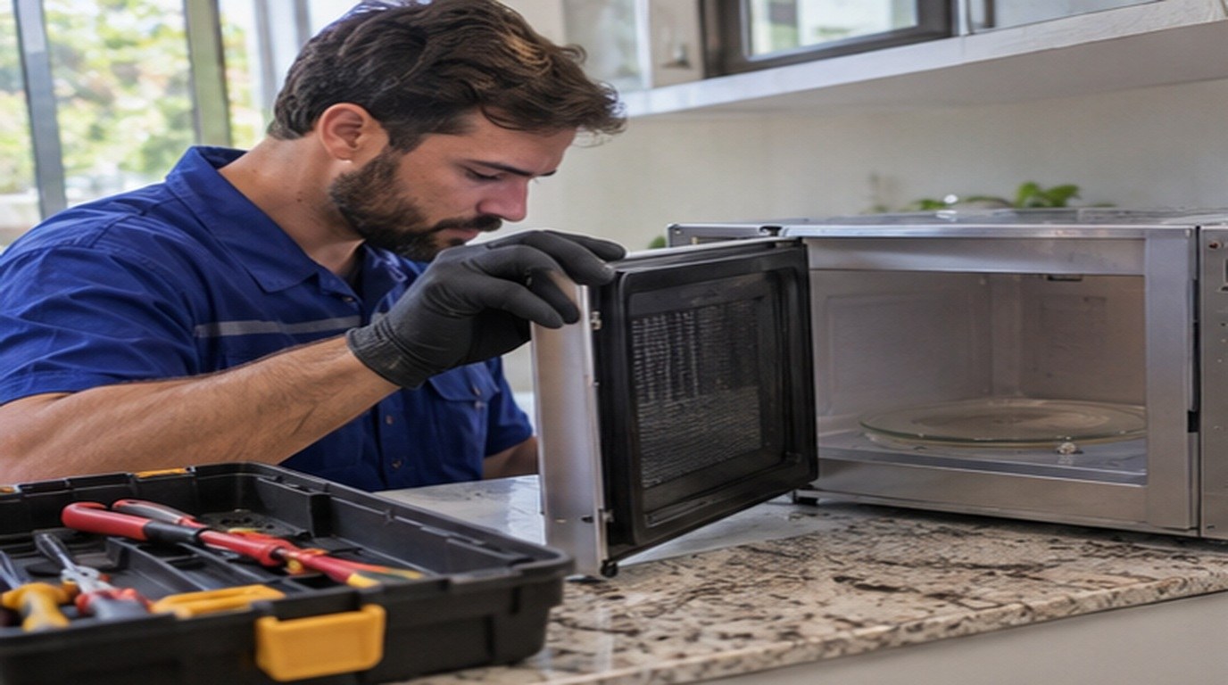 Conserto de micro-ondas em Jundiaí‑SP: técnico abrindo um micro-ondas de bancada