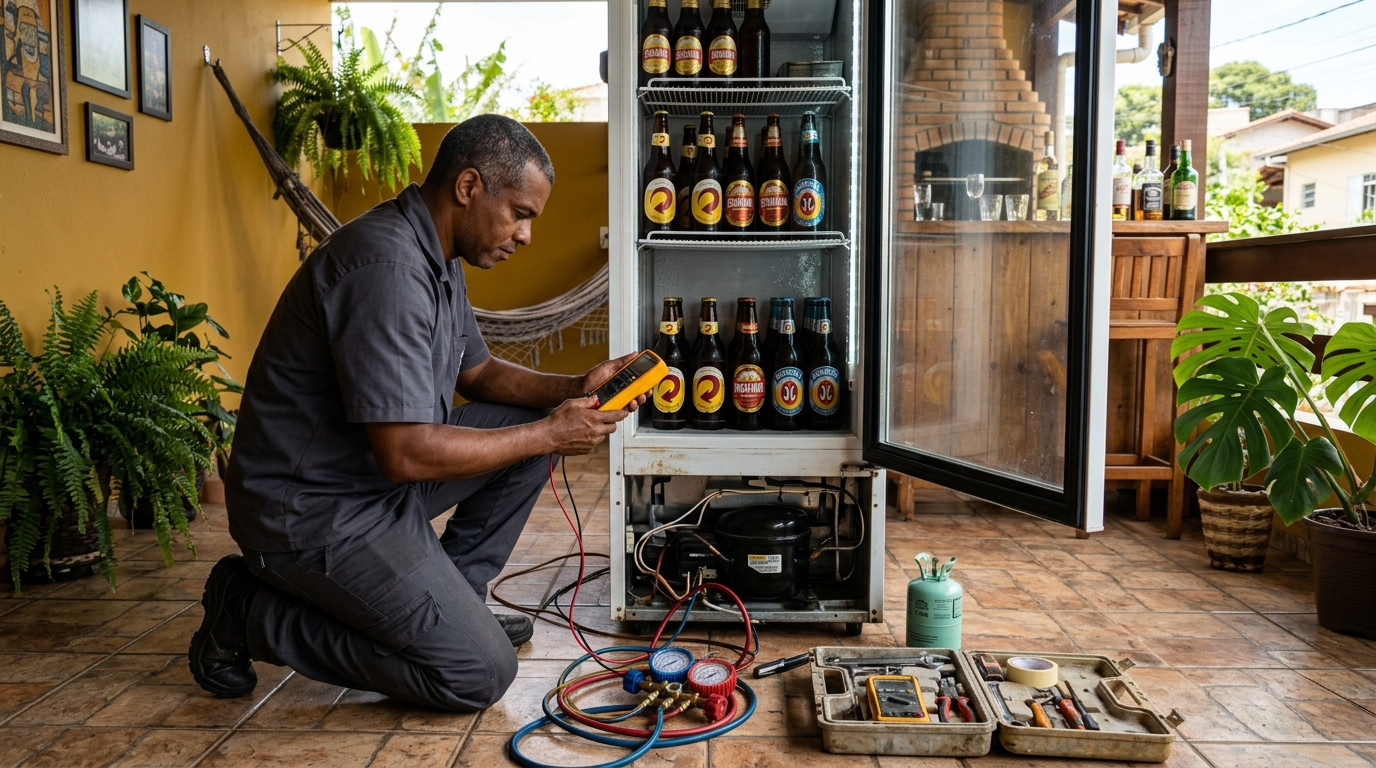 Placa eletrônica de cervejeira em reparo na bancada no Rami, Jundiaí‑SP