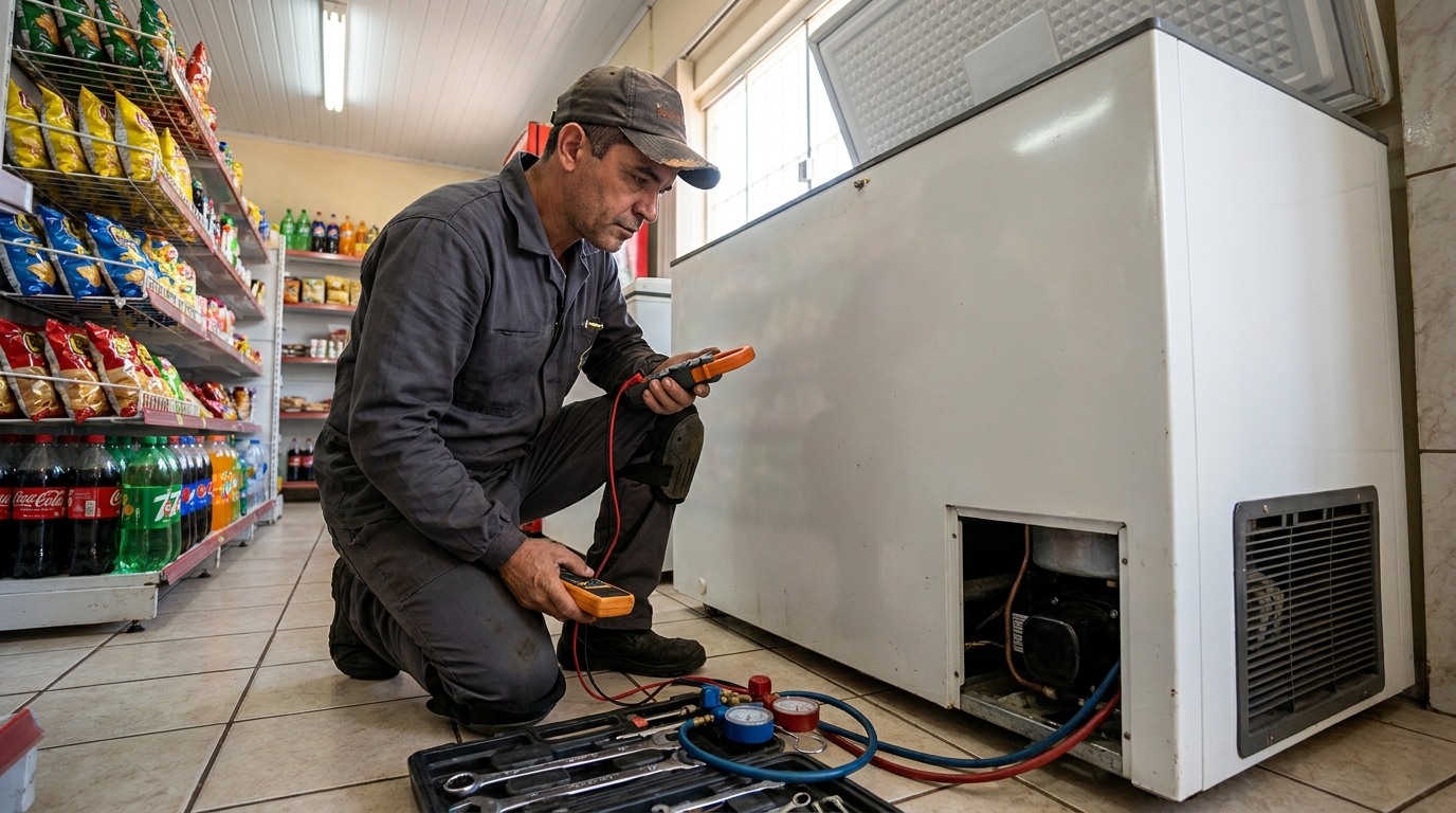 Reparo da placa eletrônica de um freezer em atendimento na Vila Rami, Jundiaí‑SP