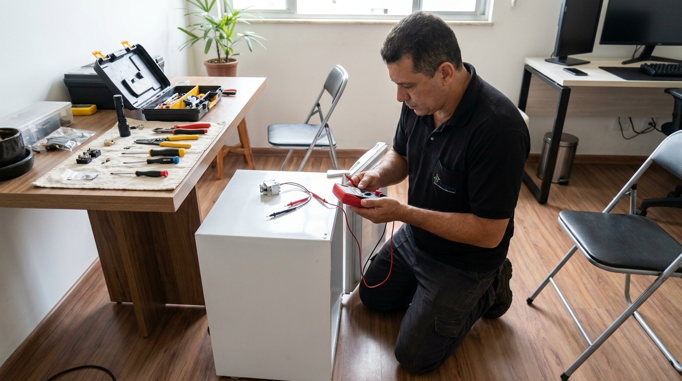 Manutenção da placa eletrônica de um frigobar na Malota, Jundiaí‑SP