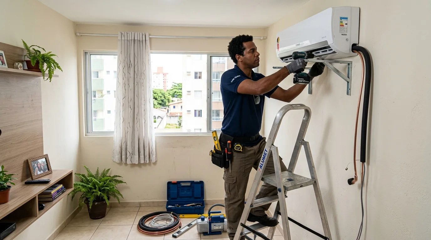 Técnico instalando ar-condicionado split em residência em Jundiaí‑SP