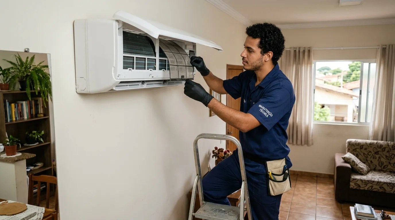 Técnico fazendo limpeza e higienização de ar-condicionado split em Jundiaí‑SP