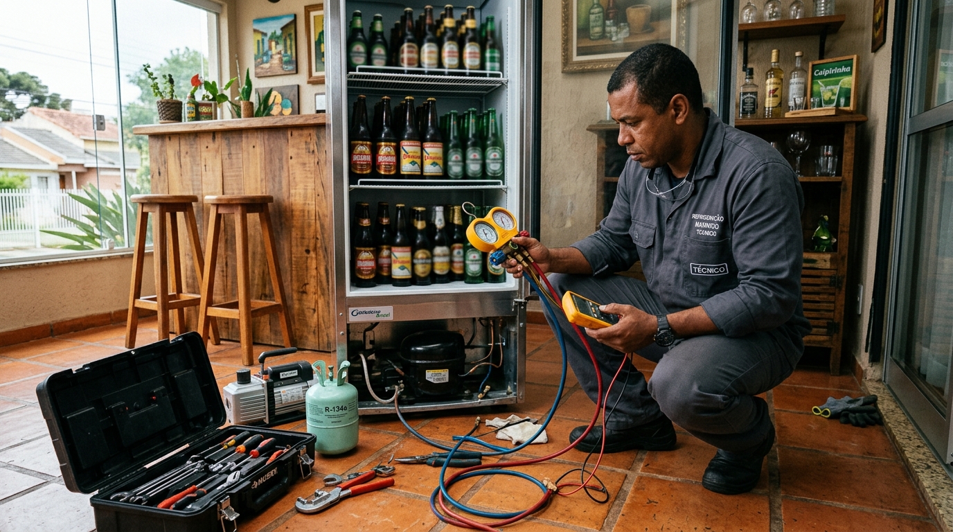 Técnico revisando o motor de uma cervejeira durante chamado no Rami, Jundiaí‑SP