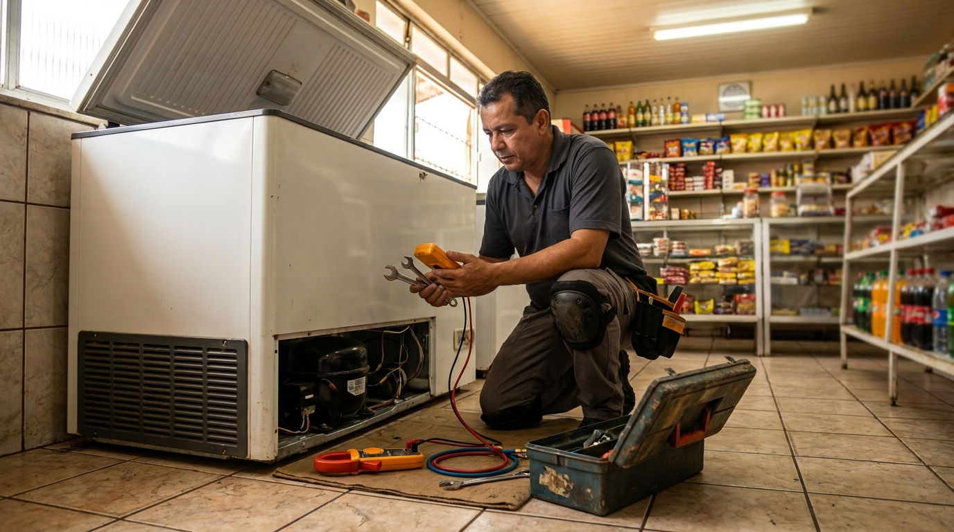 Técnico reparando o motor de um freezer horizontal na Vila Rami, Jundiaí‑SP