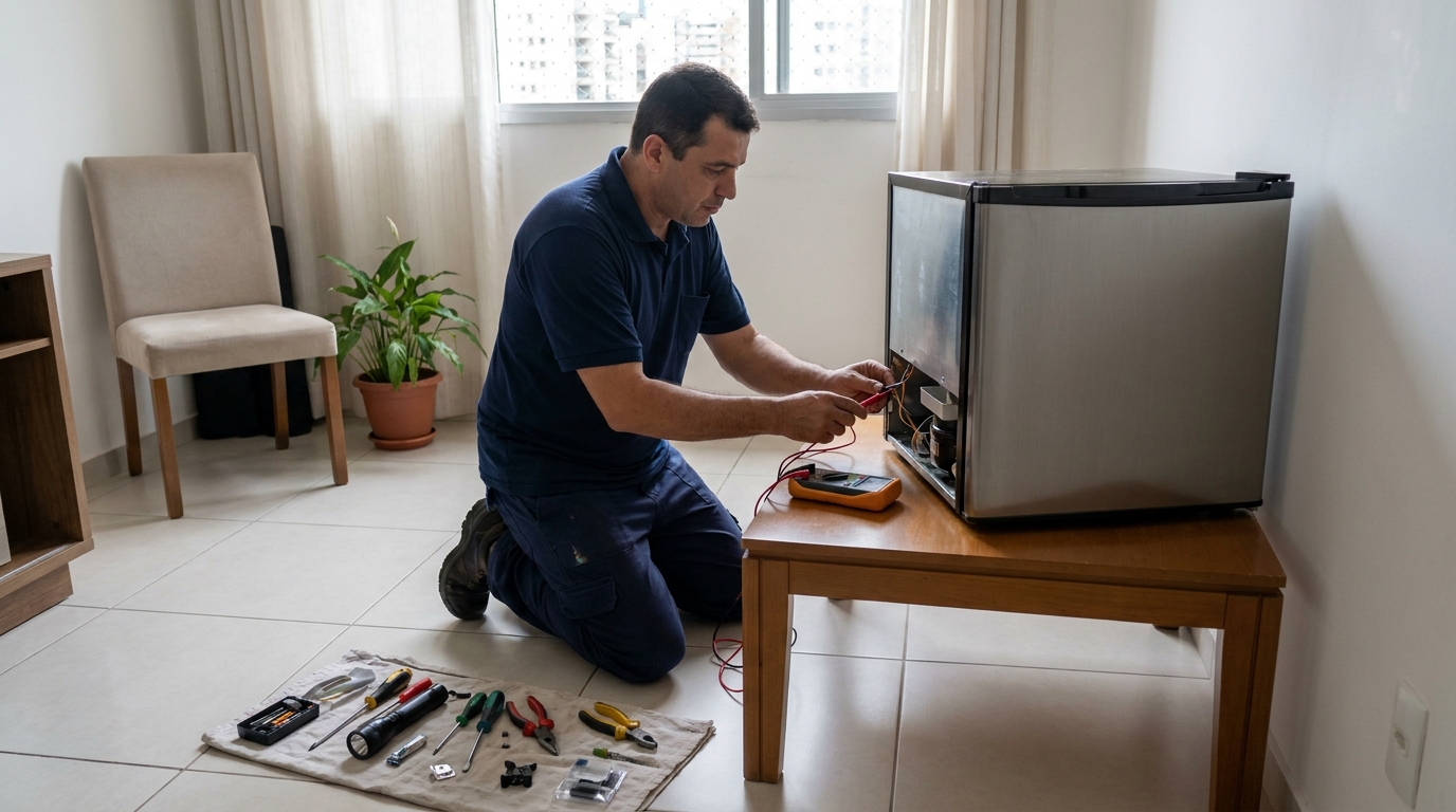 Técnico revisando o motor de um frigobar na Malota, Jundiaí‑SP