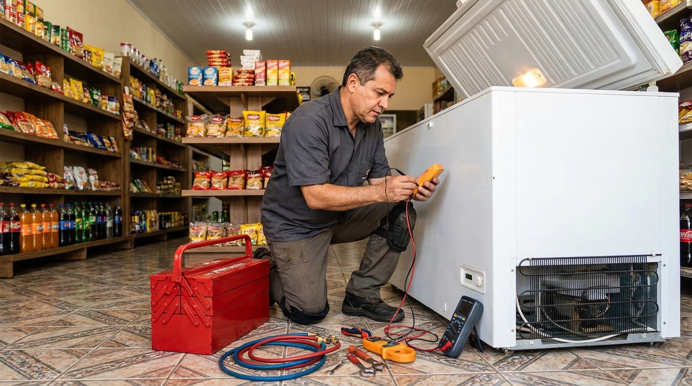 Manômetro conectado ao circuito durante recarga de gás de freezer na Vila Rami, Jundiaí‑SP