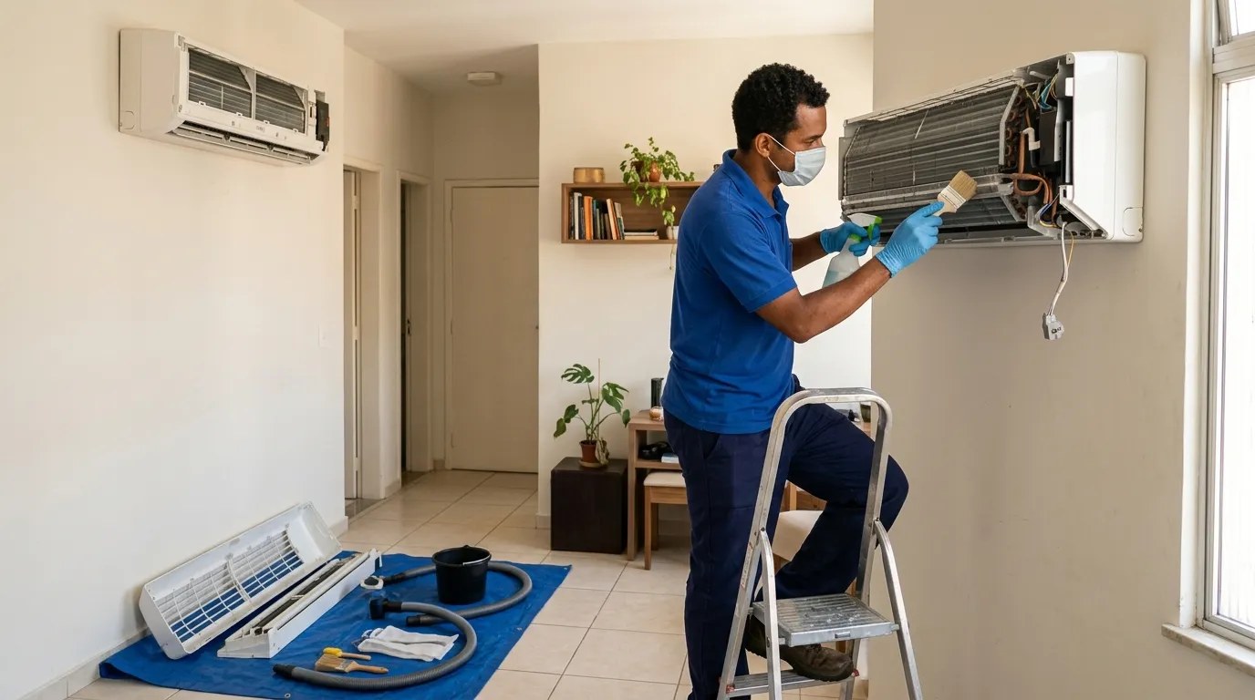 Técnico fazendo manutenção de ar-condicionado split em Jundiaí‑SP