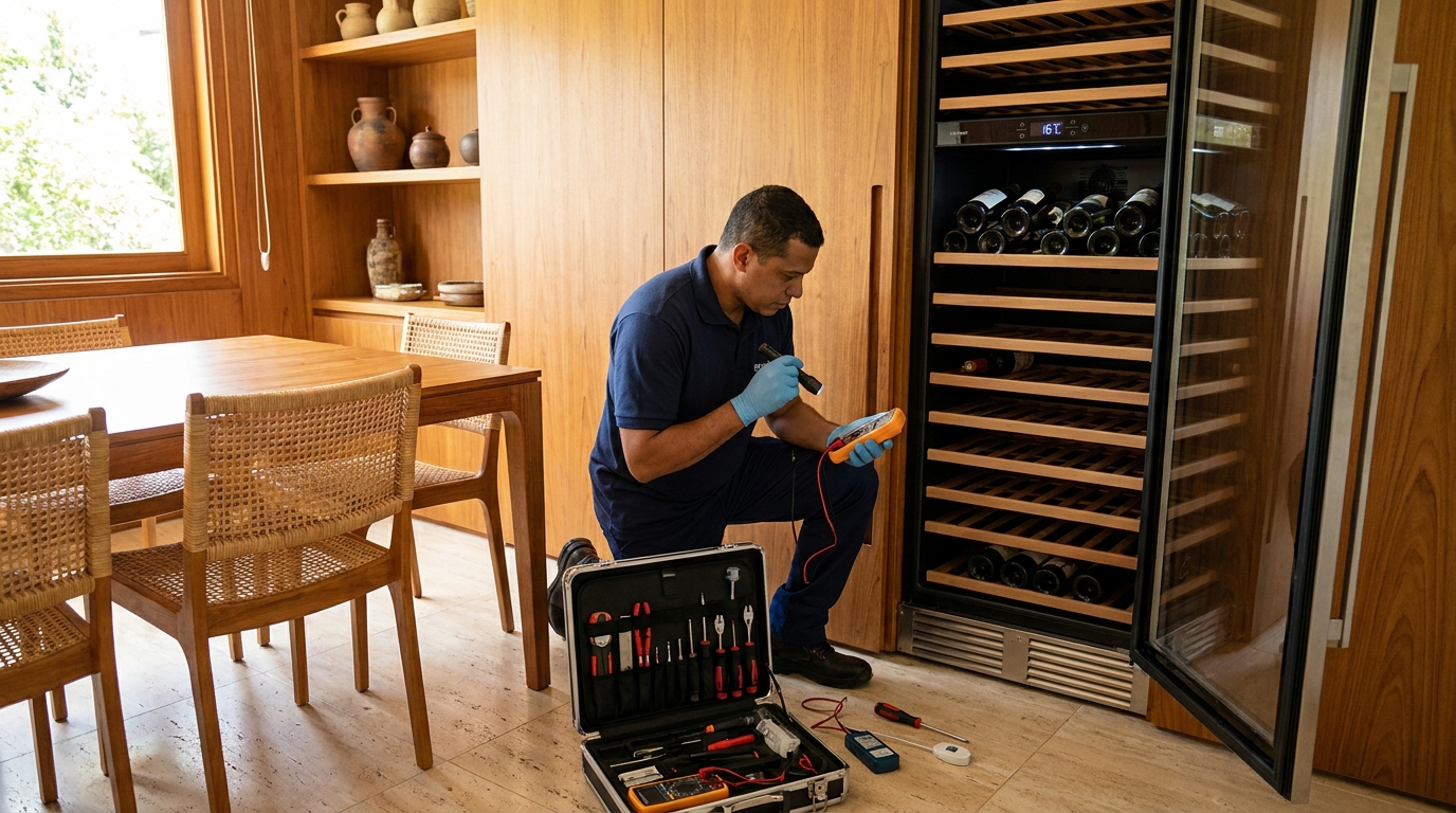 Substituição do termostato de uma adega climatizada na Malota, Jundiaí‑SP